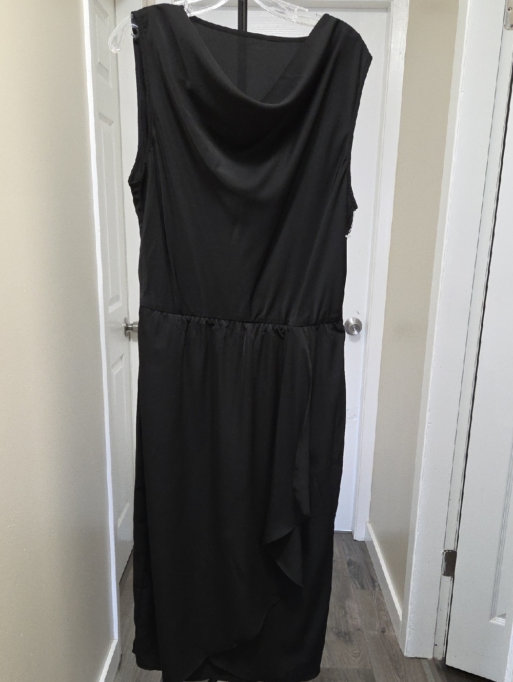 Halara Black Cowl Neck Faux Wrap Ruffle Midi Dress Sleeveless Draped Elegant - Picture 3 of 10